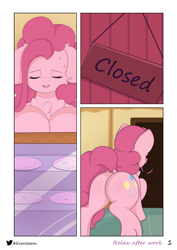 Size: 1449x2048 | Tagged: safe, artist:eventseem, pinkie pie, earth pony, pony, comic:relax after work, g4, balloonbutt, butt, chest fluff, comic, eyes closed, female, floppy ears, mare, open mouth, plot, solo, tired