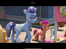 Size: 2732x2048 | Tagged: safe, screencap, argyle starshine, sunny starscout, earth pony, pony, cutie blossom bash, g5, my little pony: make your mark, my little pony: make your mark chapter 5, official, spoiler:g5, spoiler:my little pony: make your mark chapter 5, spoiler:mymc05e01, cute, father and child, father and daughter, female, filly, filly sunny starscout, food, glasses, high res, it all takes time, jewelry, lemon, lemonade stand, lyrics, male, necklace, pitcher, smiling, stallion, sunnybetes, text, younger