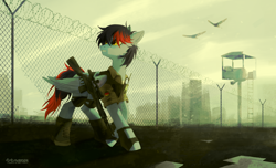 Size: 5000x3035 | Tagged: safe, artist:teturirusu, oc, oc:dawn chaser, pegasus, pony, fallout equestria, ammunition, boots, clothes, commission, fallout, full body, gun, jacket, knee pads, looking up, m1a, military uniform, pegasus oc, shoes, solo, stallion oc, uniform, walking, weapon, wings, ych result