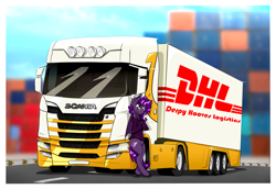 Size: 6237x4297 | Tagged: safe, artist:bumskuchen, oc, oc:midnight purple, bat pony, pony, bipedal, dhl, scania, solo, truck, vehicle