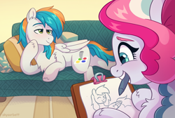 Size: 2641x1779 | Tagged: safe, artist:skysorbett, oc, oc only, oc:sky sorbet, oc:twister joy, pegasus, pony, couch, crayon, curly hair, curly mane, draw me like one of your french girls, drawing, duo, duo male and female, eyebrows, female, lying down, male, mare, mouth hold, multicolored mane, pegasus oc, pencil, pillow, smiling, stallion, two toned mane