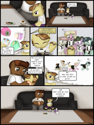 Size: 1750x2333 | Tagged: safe, artist:99999999000, oc, oc only, oc:zhang cathy, oc:zhang xiangfan, earth pony, pony, comic:grow with children, colt, comic, couch, father, father and child, father and daughter, female, filly, foal, food, male, pearl, school, toy