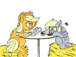 Size: 3508x2641 | Tagged: safe, artist:ponny, applejack, derpy hooves, earth pony, pegasus, pony, g4, cafe, cake, colored, cup, duo, eating, food, hay bale, high res, hoof heart, muffin, simple background, table, teacup, teapot, underhoof, wave, white background