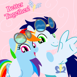 Size: 1400x1400 | Tagged: safe, artist:mlplary6, rainbow dash, soarin', pegasus, pony, g4, aviator goggles, boyfriend and girlfriend, female, goggles, looking at you, male, mare, ship:soarindash, shipping, smiling, smiling at you, stallion, straight, text
