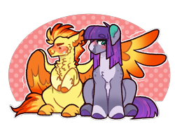 Size: 981x706 | Tagged: safe, artist:queerhorses, maud pie, spitfire, pegasus, pony, g4, blushing, chest fluff, female, lesbian, mare, maudfire, shipping, sitting