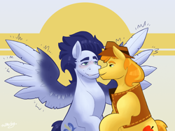 Size: 3600x2700 | Tagged: safe, artist:daotterguy, braeburn, soarin', earth pony, pegasus, pony, g4, blushing, boop, duo, gay, hat, high res, male, noseboop, ship:soarburn, shipping, simple background, sitting, spread wings, stallion, sweat, sweatdrop, thick eyebrows, vibrating, wingboner, wings, yellow background
