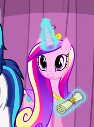 Size: 661x889 | Tagged: safe, screencap, princess cadance, shining armor, alicorn, pony, unicorn, g4, the crystalling, cropped, curtains, cute, cutedance, glowing, glowing horn, horn, peytral, scroll, solo focus