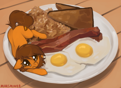 Size: 1425x1038 | Tagged: safe, artist:marsminer, oc, oc only, oc:venus spring, pony, unicorn, bacon, breakfast, brown hair, brown mane, brown tail, cheek squish, cute, ears back, egg, female, floppy ears, food, hidden horn, horn, looking at you, looking up, looking up at you, mare, marsminer is trying to murder us, meat, orange coat, orange eyes, orange fur, person as food, plate, pony oc, puppy dog eyes, sad, sadorable, signature, small horn, solo, squishy cheeks, tail, tiny, tiny ponies, unicorn oc