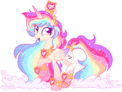 Size: 1280x962 | Tagged: safe, artist:shebasoda, oc, oc only, oc:queencess rainbowheart glittercake, alicorn, pony, alicorn oc, bracelet, cloud, colored eyelashes, colored pupils, colored wings, concave belly, crown, ethereal mane, ethereal tail, female, folded wings, gradient horn, gradient legs, gradient wings, happy, heart, horn, jewelry, long mane, looking up, mare, multicolored eyes, multicolored hair, open mouth, peytral, rainbow hair, rainbow tail, raised hoof, raised leg, regalia, simple background, slender, smiling, solo, sparkly mane, sparkly tail, standing on two hooves, tail, tail jewelry, thin, transparent background, wings