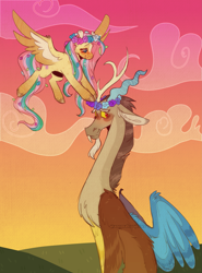 Size: 2595x3510 | Tagged: safe, artist:anomalousjester, discord, fluttershy, draconequus, pegasus, pony, g4, blushing, cloud, cute, digital art, fangs, female, floral head wreath, flower, flying, high res, male, ship:discoshy, shipping, straight
