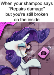 Size: 2080x2896 | Tagged: safe, artist:lou, rarity, pony, unicorn, g4, crying, eyes closed, eyeshadow, female, high res, lying down, makeup, mare, marshmelodrama, meme, on side, open mouth, ponified meme, rarity being rarity, running makeup, sad, shampoo, shitposting, shower, solo, sparkles, text