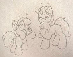 Size: 2048x1608 | Tagged: safe, artist:tamabel, apple bloom, sunny starscout, earth pony, pony, g4, g5, bloom butt, butt, eyes closed, female, filly, foal, hoof heart, mare, plot, sketch, traditional art, underhoof