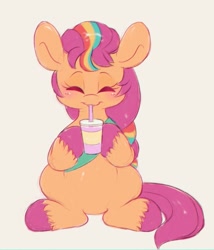 Size: 1088x1272 | Tagged: safe, artist:tamabel, sunny starscout, earth pony, pony, g5, belly, cute, daaaaaaaaaaaw, drink, drinking, drinking straw, eyes closed, female, happy, mane stripe sunny, mare, sitting, smiling, solo, sunnybetes, unshorn fetlocks, weapons-grade cute