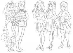 Size: 1888x1364 | Tagged: safe, artist:vytz, part of a set, princess cadance, queen chrysalis, rainbow dash, rarity, shining armor, twilight sparkle, anthro, plantigrade anthro, g4, bored, bouquet, bouquet of flowers, breasts, bride, bridesmaid, bridesmaid dress, cleavage, clothes, cosplay, costume, crossdressing, crying, disguise, dress, fake breasts, fake cadance, fake shining armor, fetish, flower, forced cosplay, groom, happy, holding hands, implied queen chrysalis, implied shining armor, marriage, mask, masking, military uniform, mind control, part of a series, pencil drawing, simple background, skinsuit, smiling, suspicious, tears of joy, traditional art, uniform, wedding, wedding dress, wedding veil, white background