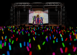 Size: 1620x1158 | Tagged: safe, artist:stellarator, adagio dazzle, aria blaze, sonata dusk, anthro, unguligrade anthro, comic:we will be adored, g4, 3d, blender, blender cycles, comic, concert, crowd, cycles render, gem, glowstick, microphone, singing, siren gem