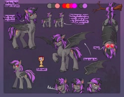 Size: 2048x1608 | Tagged: safe, artist:birdoffnorth, oc, oc only, oc:starless night (desolator), bat pony, pony, undead, vampire, vampony, g4, angry, bat pony oc, blood, body markings, chalice, chest fluff, crescent moon, ear fluff, fangs, female, floppy ears, folded wings, glowing, glowing eyes, holes, horseshoes, injured, kekeke, laughing, looking at you, mare, messy mane, messy tail, moon, overflowing chalice, prehensile tail, reference sheet, simple background, slit pupils, smug, snout, solo, spread wings, tail, tail curled, torn wings, tree branch, unshorn fetlocks, upside down, wings