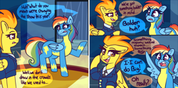 Size: 5000x2484 | Tagged: safe, artist:graphenescloset, rainbow dash, spitfire, pegasus, pony, series:blubberbolt dash, g4, captain of the wonderbolts, clothes, comic, dialogue, drill sergeant, incentive drive, necktie, open mouth, open smile, smiling, speech bubble, spitfire's office, spitfire's tie, spread wings, suit, this will end in weight gain, tubby wubby pony waifu, uniform, weight gain sequence, wings, wonderbolts dress uniform, wonderbolts uniform