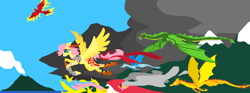 Size: 3124x1156 | Tagged: safe, artist:foldawaywings, fluttershy, dragon, pegasus, phoenix, pony, g4, alternate cutie mark, alternate hairstyle, artifact, bow, cloud, feather, feather in hair, female, flying, greaves, mare, tail, tail bow, volcano