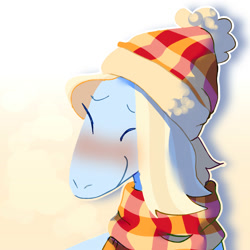 Size: 2000x2000 | Tagged: safe, artist:skyefal, autumn skye, earth pony, pony, g3, bust, clothes, gradient background, hat, high res, portrait, scarf, smiling, solo, striped scarf, winter hat, yellow background