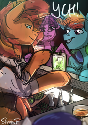 Size: 2480x3508 | Tagged: safe, artist:sinrinf, oc, alicorn, pegasus, pony, unicorn, alcohol, bartender, cocktail, commission, drink, high res, sketch, your character here