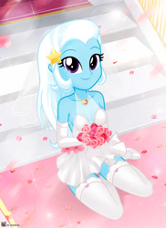 Size: 888x1221 | Tagged: safe, artist:charliexe, trixie, human, equestria girls, g4, alternate hairstyle, bouquet, bouquet of flowers, bride, clothes, cute, diatrixes, dress, evening gloves, female, flower, flower petals, gloves, hairpin, high heels, jewelry, kneeling, long gloves, marriage, necklace, shoes, socks, solo, stockings, thigh highs, thigh socks, wedding, wedding dress