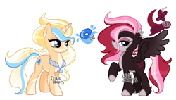 Size: 3664x2080 | Tagged: safe, artist:dixieadopts, oc, oc only, oc:bubble beam, oc:moon glider, pegasus, pony, unicorn, bald face, blaze (coat marking), blue eyes, body markings, coat markings, collar, colored eartips, colored hooves, colored muzzle, colored wings, cyan eyes, duo, ear piercing, earring, facial markings, female, gradient mane, gradient tail, gradient wings, high res, jewelry, leg fluff, lidded eyes, mare, offspring, pale belly, parent:fluttershy, parent:oc:nozzle, parent:oc:rock, parent:trixie, parents:canon x oc, piercing, raised hoof, simple background, socks (coat markings), spread wings, standing, tail, transparent background, wings