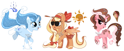 Size: 5659x2321 | Tagged: safe, artist:dixieadopts, oc, oc only, oc:creamy parade, oc:ocean wave, oc:sunny caramel, pegasus, pony, unicorn, anklet, blue eyes, bow, coat markings, collar, colored eartips, colored hooves, colored wings, female, food, freckles, gradient wings, hat, horn, jewelry, leg freckles, lidded eyes, looking at you, magical lesbian spawn, mare, necklace, offspring, parent:applejack, parent:donut joe, parent:fluttershy, parent:pinkie pie, parent:trixie, parent:vapor trail, parents:appleshy, parents:pinkiejoe, partially open wings, ponytail, red eyes, simple background, socks (coat markings), sprinkles, standing, standing on two hooves, striped horn, sun hat, sunglasses, tail, tail bow, transparent background, trio, watermark, wings