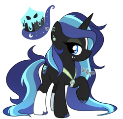 Size: 2000x1927 | Tagged: safe, artist:dixieadopts, oc, oc only, oc:midnight facade, pony, unicorn, blaze (coat marking), blue eyes, coat markings, colored hooves, ear piercing, earring, facial markings, female, freckles, horn, jewelry, long mane, looking at you, mare, necklace, offspring, parent:oc, parent:shining armor, parents:canon x oc, piercing, raised hoof, simple background, skull, smiling, socks (coat markings), solo, standing, transparent background, unicorn oc, unshorn fetlocks