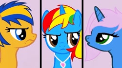 Size: 639x357 | Tagged: safe, artist:ry-bluepony1, edit, oc, oc only, oc:flare spark, oc:radiant rail, oc:royal strength, alicorn, pegasus, pony, unicorn, g4, 3 panel comic, comic, female, jewelry, staring contest