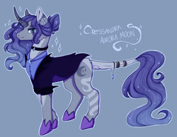 Size: 2234x1734 | Tagged: safe, artist:venobatss, oc, oc only, pony, unicorn, blue background, choker, clothes, female, hoof shoes, horn, magical lesbian spawn, mare, offspring, parent:princess luna, parent:rarity, simple background, solo, unicorn oc