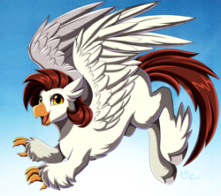 Size: 3189x2830 | Tagged: safe, artist:pridark, oc, oc only, oc:snowy do, hippogriff, flying, happy, high res, open mouth, open smile, sky, smiling, solo, talons