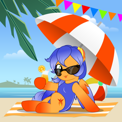 Size: 5000x5000 | Tagged: safe, artist:jhayarr23, oc, oc only, oc:solar aura, pegasus, pony, ;p, beach, beach ball, beach towel, beach umbrella, clothes, commission, commissioner:solar aura, drink, drinking straw, one eye closed, one-piece swimsuit, pegasus oc, solo, sunglasses, swimsuit, tongue out, ych result