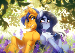 Size: 3507x2480 | Tagged: safe, artist:fenwaru, oc, oc:lunar grif flame, oc:tundra, pegasus, pony, back to back, chest fluff, cuddling, cute, foliage, grin, high res, male, outdoors, smiling, stallion, tsundere, unshorn fetlocks