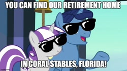 Size: 800x450 | Tagged: safe, edit, edited screencap, screencap, night light, twilight velvet, pony, unicorn, g4, the crystalling, caption, coral gables, duo, female, florida, image macro, male, mare, meme, pun, retirement, smiling, stallion, sunglasses, text, train station, united states