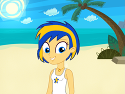 Size: 1133x850 | Tagged: safe, artist:mlpfan3991, oc, oc only, oc:flare spark, human, equestria girls, g4, beach, clothes, cutie mark on clothes, female, jewelry, necklace, palm tree, shirt, sky, sleeveless, smiling, solo, sun, tank top, tomboy, tree