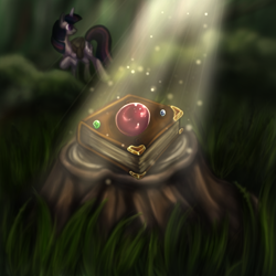Size: 1000x1000 | Tagged: safe, artist:opal2023, twilight sparkle, pony, unicorn, g4, book, forest, hunting, light, painting, solo, tree stump