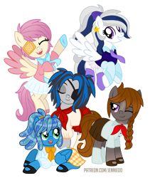 Size: 842x1000 | Tagged: safe, artist:jennieoo, oc, oc only, oc:gentle star, oc:katysha snow, oc:milky way, oc:ocean soul, oc:shadow dweller, earth pony, pegasus, pony, braid, clothes, eyepatch, eyes closed, happy, laughing, looking at you, one eye closed, ponytail, ribbon, school uniform, show accurate, simple background, skirt, smiling, smiling at you, transparent background, vector, wink
