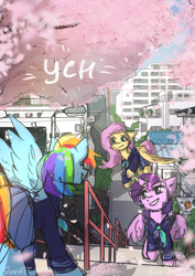 Size: 2480x3508 | Tagged: safe, artist:sinrinf, fluttershy, rainbow dash, twilight sparkle, alicorn, pegasus, pony, unicorn, g4, cherry blossoms, city, clothes, commission, female, flower, flower blossom, high res, japan, mare, school uniform, sketch, skirt, street, twilight sparkle (alicorn), your character here