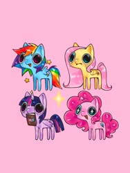 Size: 1536x2048 | Tagged: safe, artist:mikashiyaa, fluttershy, pinkie pie, rainbow dash, twilight sparkle, alicorn, earth pony, pegasus, pony, g4, big eyes, book, crying, female, heart tongue, lip bite, mare, mouth hold, open mouth, open smile, pink background, sad, simple background, smiling, sparkles, sparkly eyes, spread wings, stars, twilight sparkle (alicorn), wingding eyes, wings