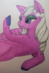 Size: 2722x4049 | Tagged: safe, artist:lawliet13, opaline arcana, alicorn, pony, g5, colored, colored hooves, copic, eyelashes, eyeshadow, female, folded wings, frown, high res, lidded eyes, lying down, makeup, mare, on side, raised hoof, solo, three quarter view, traditional art, wings
