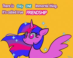 Size: 2048x1620 | Tagged: safe, artist:petaltwinkle, twilight sparkle, alicorn, pony, g4, female, mare, no pupils, simple background, smiling, solo, sparkles, spread wings, text, twilight sparkle (alicorn), wings, yellow background