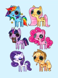 Size: 1536x2048 | Tagged: safe, artist:mikashiyaa, applejack, fluttershy, pinkie pie, rainbow dash, rarity, twilight sparkle, alicorn, earth pony, pegasus, pony, unicorn, g4, big eyes, blue background, book, crying, eyes closed, eyeshadow, female, heart tongue, lip bite, makeup, mane six, mare, mouth hold, open mouth, open smile, sad, simple background, smiling, sparkles, sparkly eyes, spread wings, stars, straw in mouth, twilight sparkle (alicorn), wingding eyes, wings