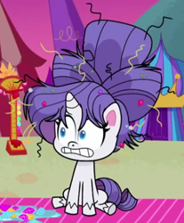 Size: 345x417 | Tagged: safe, screencap, rarity, pony, unicorn, g4.5, my little pony: pony life, what goes updo, blue eyes, cropped, female, hairstyle, long hair, long mane, mare, messy mane, purple hair, purple mane, purple tail, sitting, solo, tail, teeth