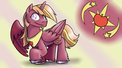 Size: 1920x1080 | Tagged: safe, artist:timsplosion, oc, oc:sparkling cider, alicorn, pony, ultimare universe, abstract background, female, fusion, fusion:big macintosh, fusion:twilight sparkle, looking at you, mare, peytral, smiling, smiling at you, solo