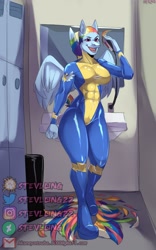 Size: 1800x2880 | Tagged: safe, artist:stevlong, rainbow dash, pegasus, anthro, unguligrade anthro, g4, abs, alternate hairstyle, clothes, creepy face, indoors, latex, latex suit, lockers, reflection, shaving, smiling, uniform, wings, wonderbolts uniform