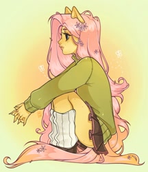 Size: 1536x1781 | Tagged: safe, artist:mikashiyaa, fluttershy, human, g4, clothes, eared humanization, female, flower, flower in hair, hands together, humanized, leg warmers, pony coloring, skirt, solo, squatting, sweater