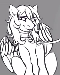 Size: 1725x2160 | Tagged: safe, artist:obscured, oc, oc only, oc:obscure, pegasus, pony, :p, collar, cute, leash, monochrome, pet play, solo, tongue out
