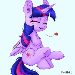 Size: 1080x1080 | Tagged: safe, artist:twiliset, twilight sparkle, alicorn, pony, g4, blue background, blushing, chest fluff, cute, daaaaaaaaaaaw, ear fluff, eyebrows, eyebrows visible through hair, eyes closed, female, floating heart, fluffy, folded wings, frog (hoof), happy, heart, horn, mare, open mouth, open smile, signature, simple background, sitting, smiling, solo, twiabetes, twilight sparkle (alicorn), underhoof, wings