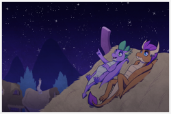 Size: 1772x1181 | Tagged: safe, artist:inuhoshi-to-darkpen, smolder, spike, dragon, g4, commission, dragoness, fangs, female, looking up, lying down, male, night, on back, open mouth, ponyville, rooftop, stargazing, stars, winged spike, wings