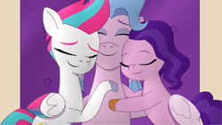 Size: 4096x2304 | Tagged: safe, artist:nickdisneyfan78, pipp petals, queen haven, zipp storm, pegasus, pony, g5, my little pony: tell your tale, eyes closed, female, high res, hug, mare, no clothes, royal sisters (g5), siblings, sisters, sleeping, smiling, sunlight, trio, trio female